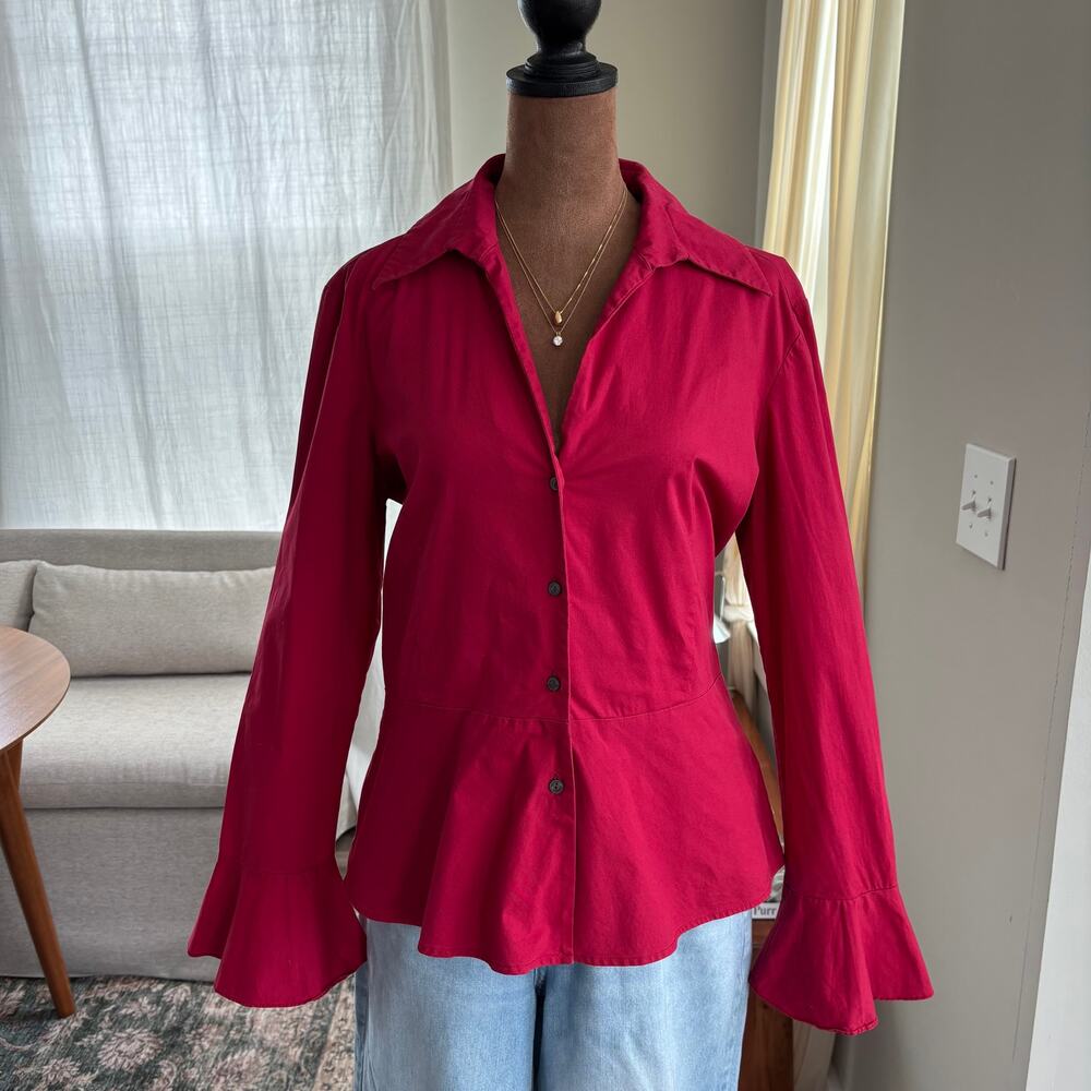 Y2K Vintage The Limited Red Bell Sleeve Fitted Blouse 2000s Top Cotton Large